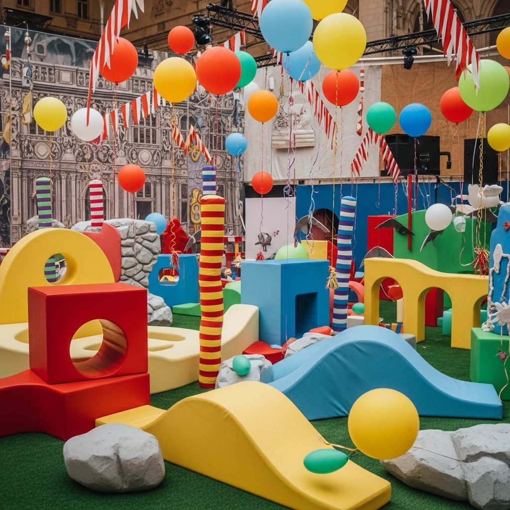 Hüpfburg mieten Wien – Selbstabholung Schritt für Schritt – Detailaufnahme von Dekoration und Softplay-Elementen in Wien