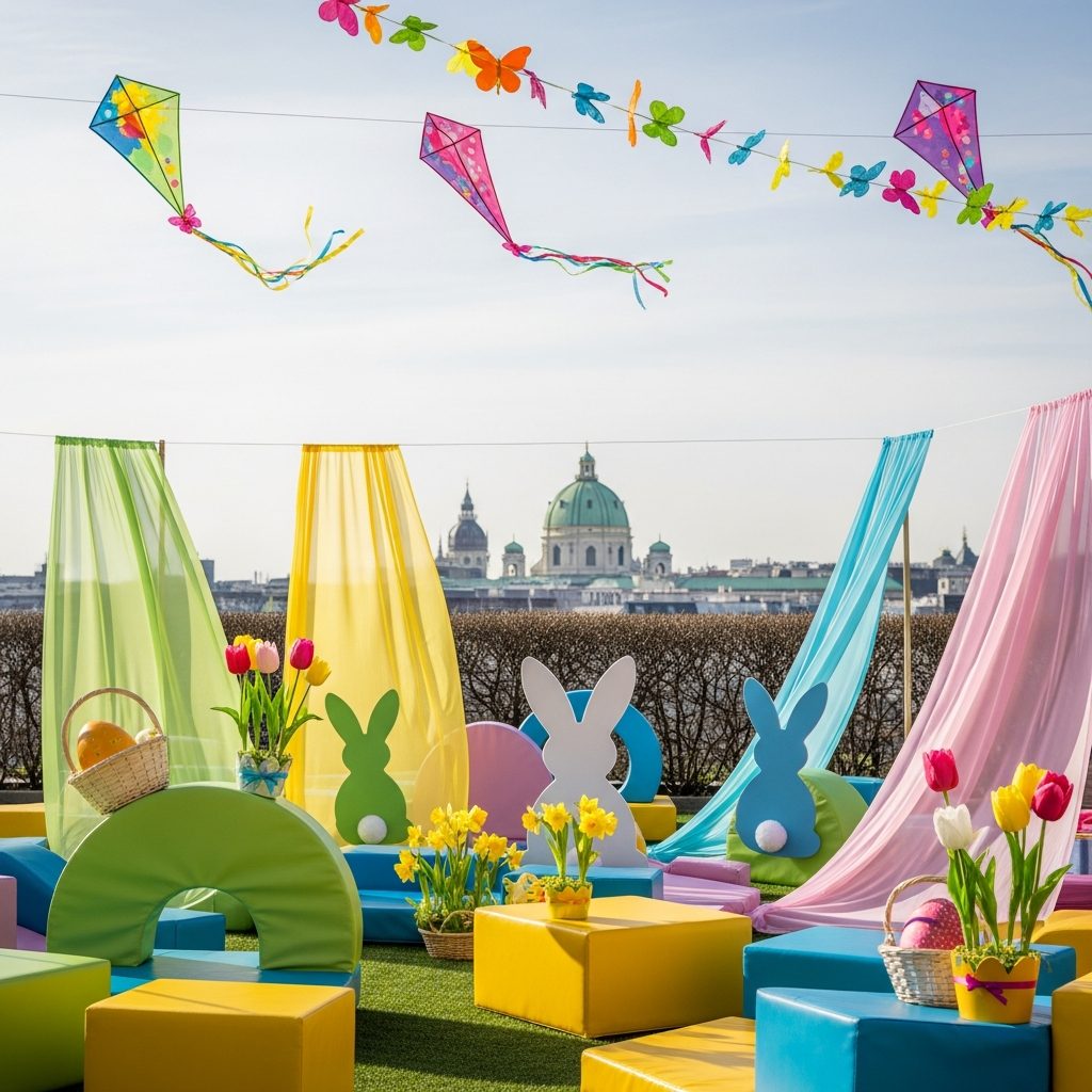 Hüpfburg mieten Wien – Osterparty im Frühlingsmodus – symbolische Party-Szene in Wien ohne konkrete Hüpfburg