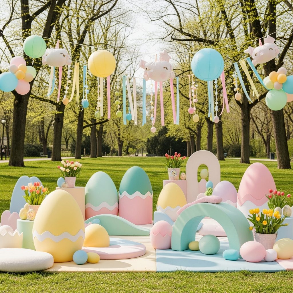 Hüpfburg mieten Wien – Osterparty im Frühlingsmodus – Detailaufnahme von Dekoration und Softplay-Elementen in Wien