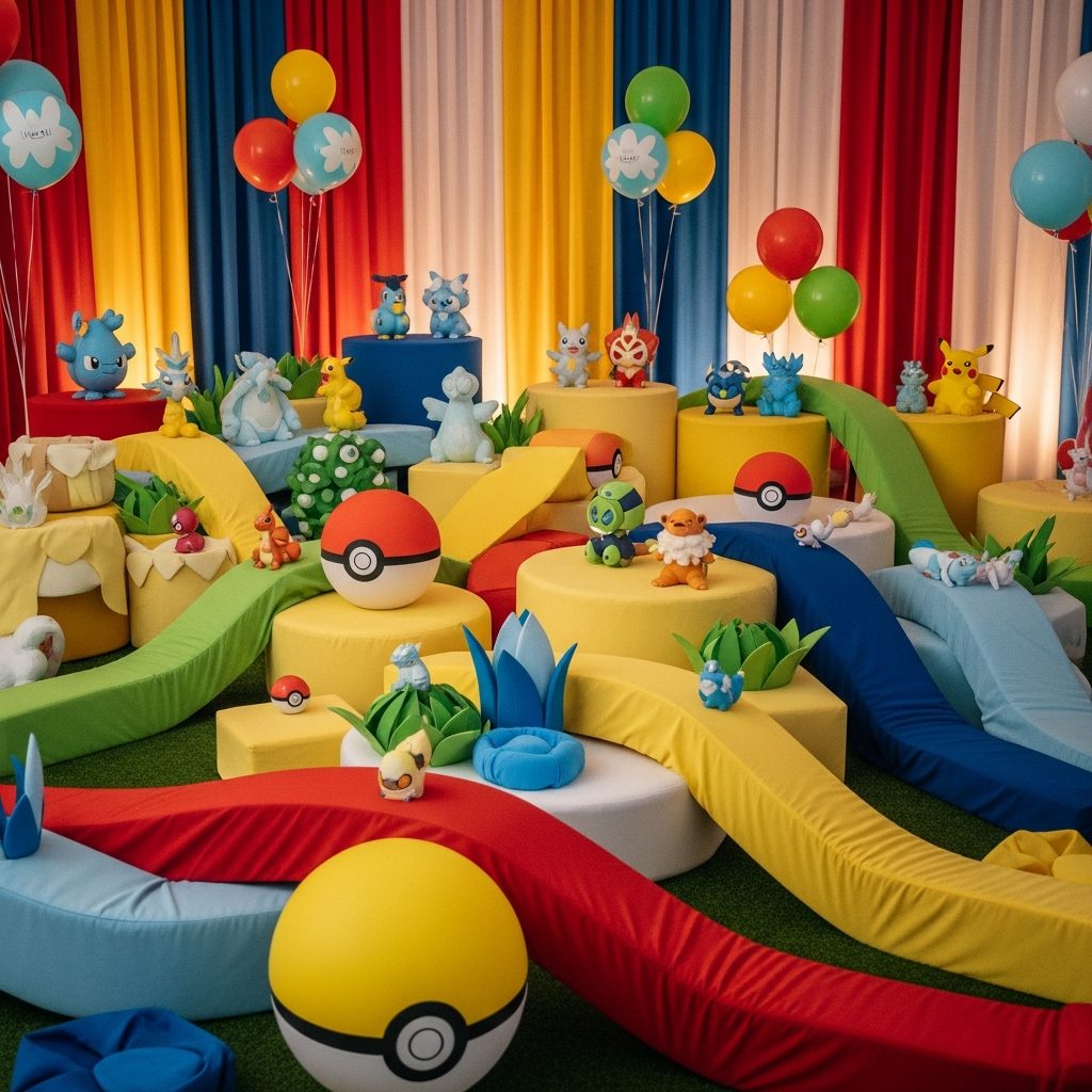 Hüpfburg mieten Wien – Pokémon-Abenteuer für Nachwuchs-Trainer:innen – Detailaufnahme von Dekoration und Softplay-Elementen in Wien