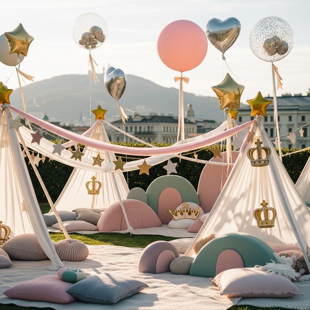 Hüpfburg mieten Wien – Märchenhafte Prinzessinnenfeste gestalten – Detailaufnahme von Dekoration und Softplay-Elementen in Wien