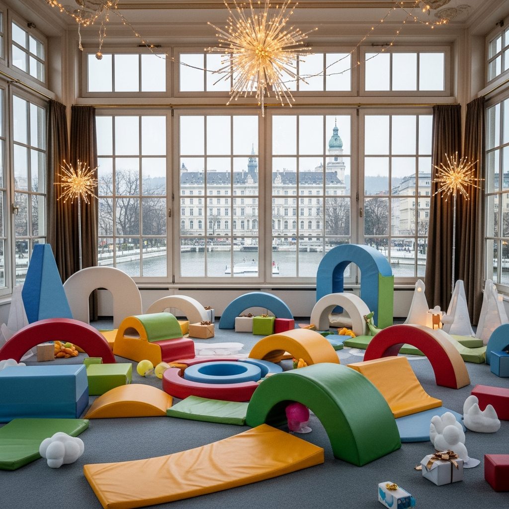 Hüpfburg mieten Wien – Winter- und Weihnachtszauber für Kinderfeste – symbolische Party-Szene in Wien ohne konkrete Hüpfburg