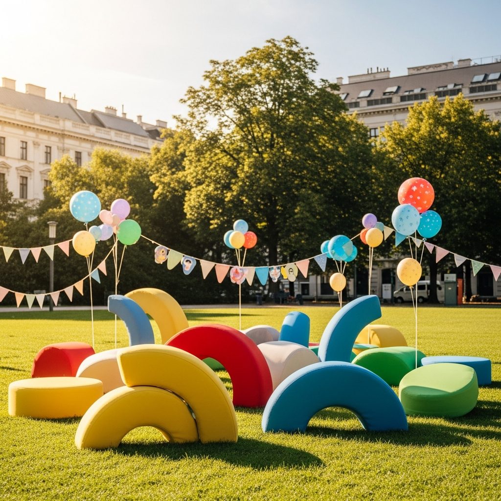 Hüpfburg mieten: Liefergebiete in Wien & Umgebung – Partybienchen Logistik 2025 – symbolische Party-Szene in Wien ohne konkrete Hüpfburg