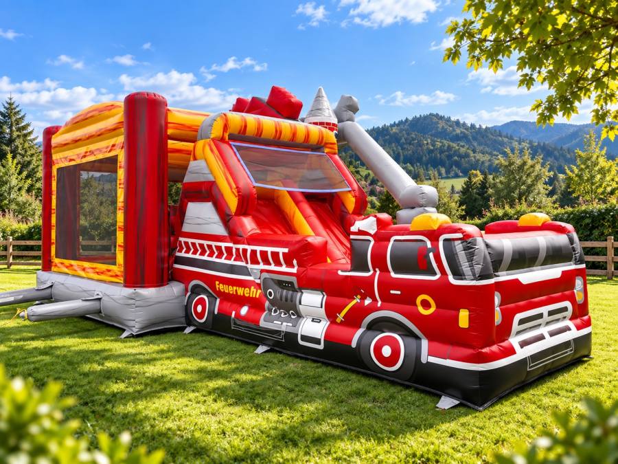 Hüpfburg XXL Feuerwehr Hüpfburg mit Rutsche mieten Wien – Partybienchen